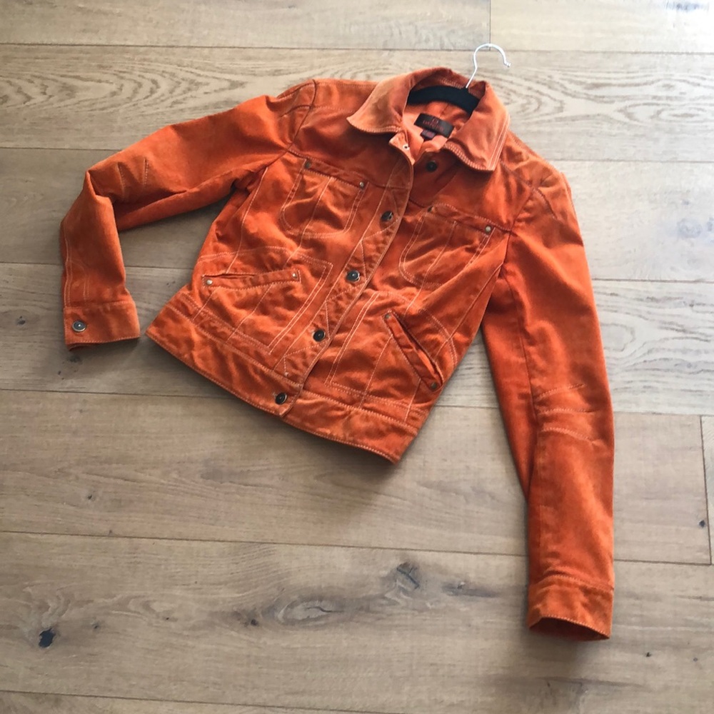 Danier orange washable leather jacket with white top stitching
